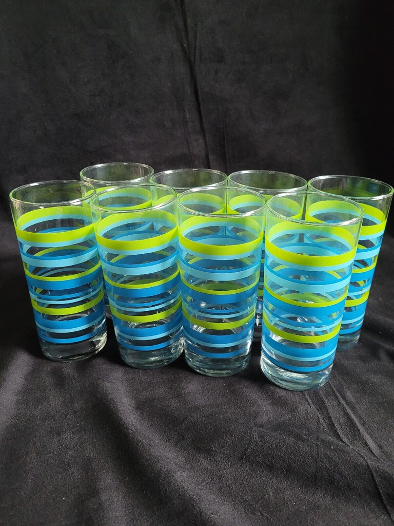 Set of 8 Vintage Blue and Green Striped Glasses