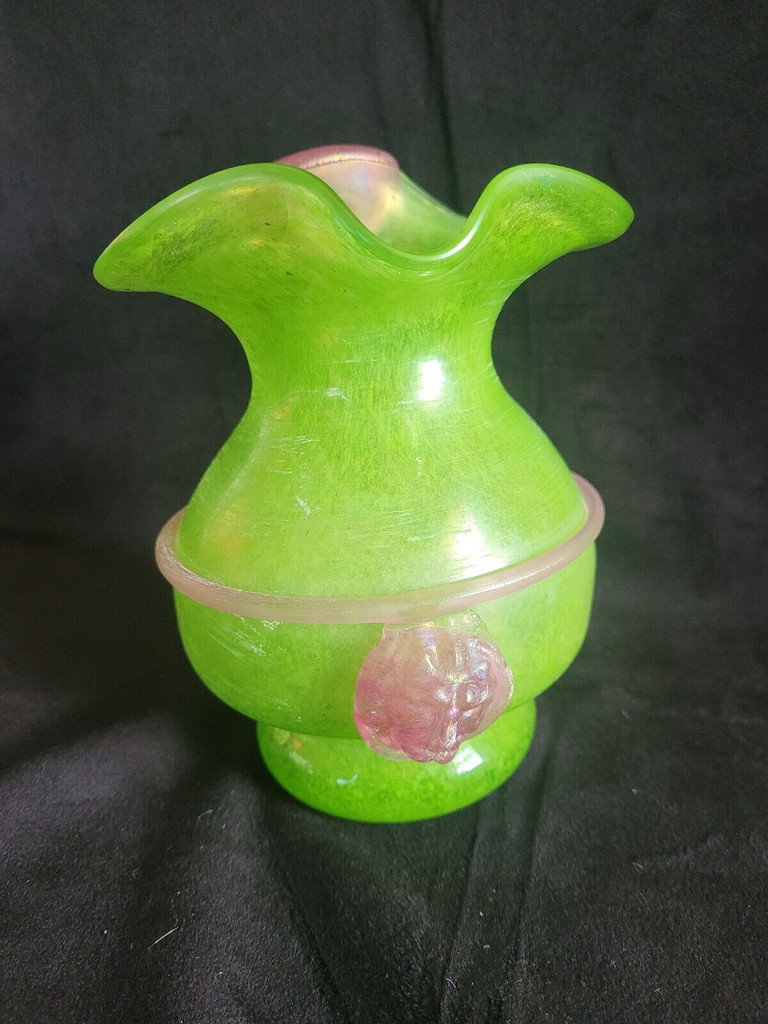 Green Glass Pitcher with Pink Handle and Lions Head Applique