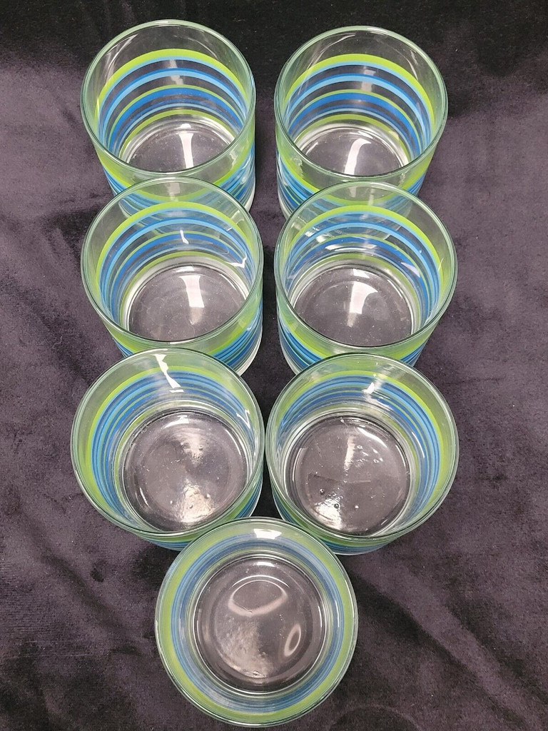 Set of 7 Blue and Green Striped Glasses