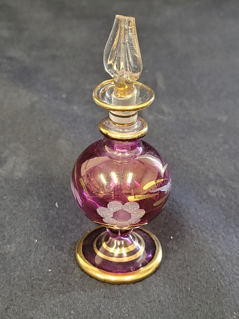 Egyptian Glass Fragrance Bottle Cranberry Color with Gold