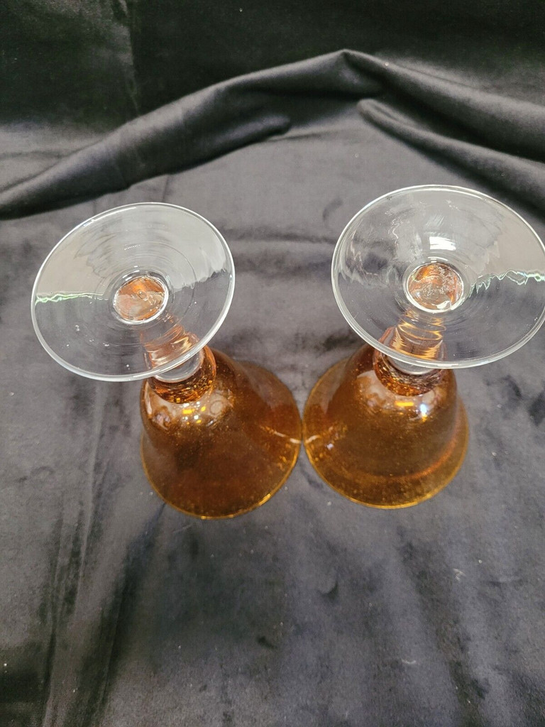 Pair of Hand Blown Amber Glass Goblets with Clear Stems