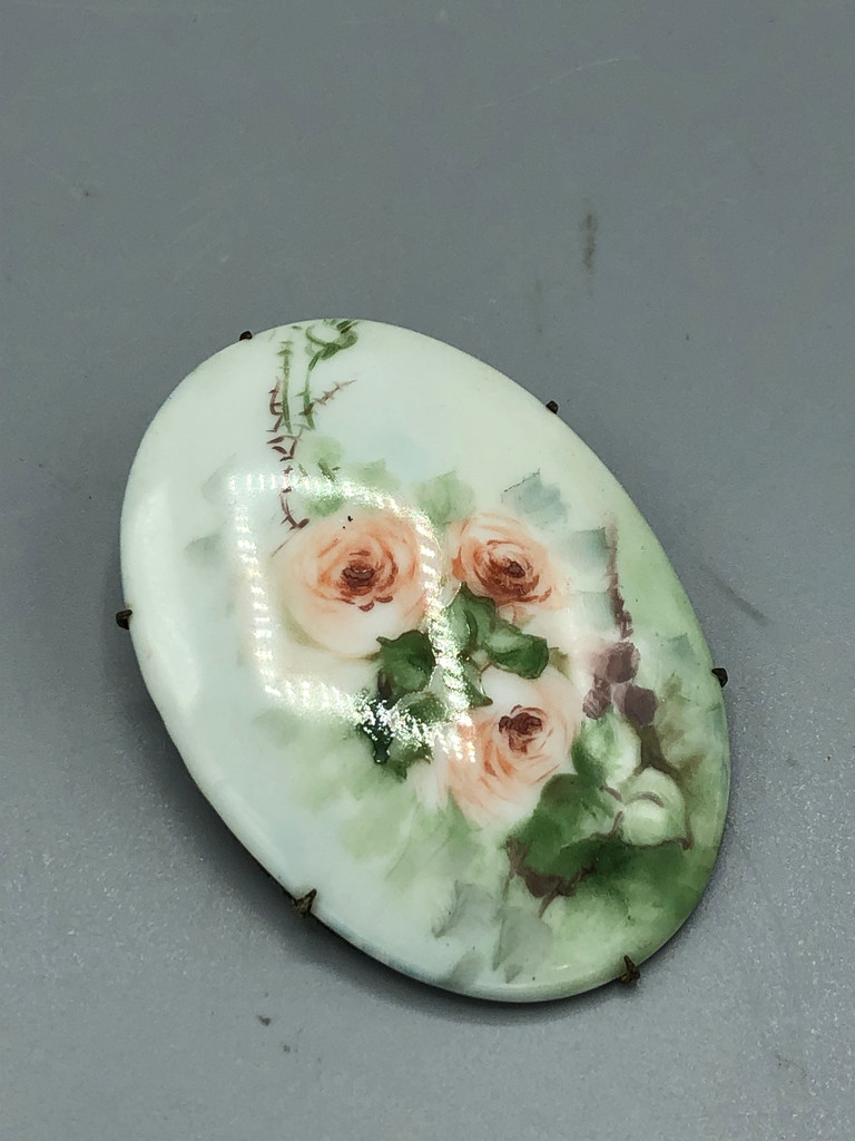 Large hand painted oval brooch