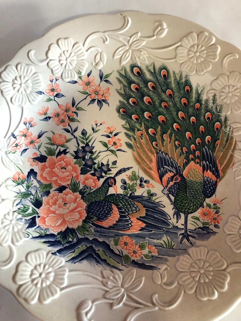 Vintage hand painted Peacock platter with 5 dessert plates