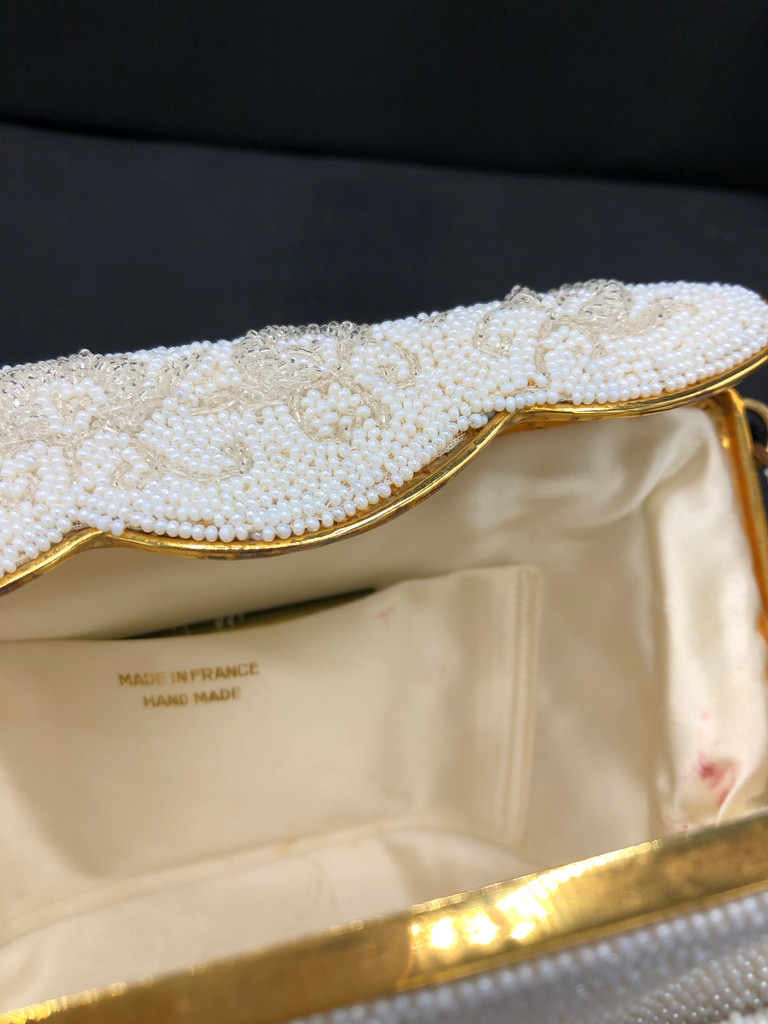 Vintage French Beaded White & Gold Trim Bag
