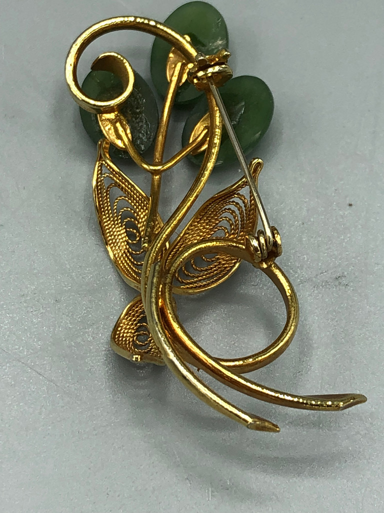 Gold tone Jade flower brooch