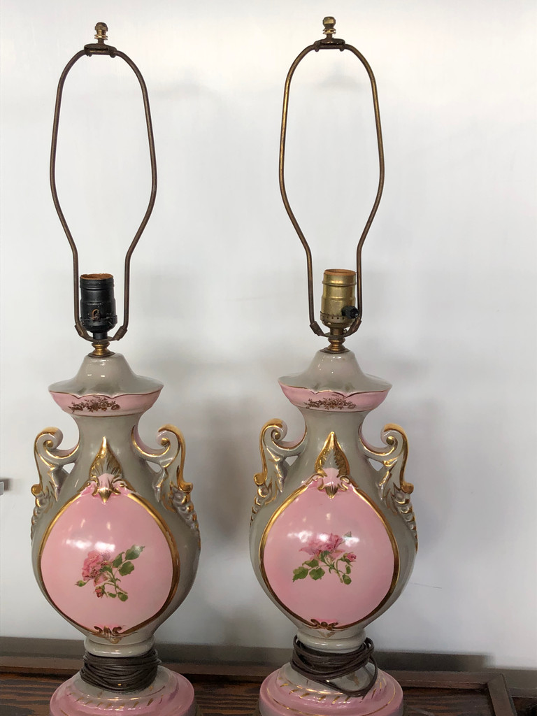 Vintage Victorian Pink  Rose & Gray Lamps