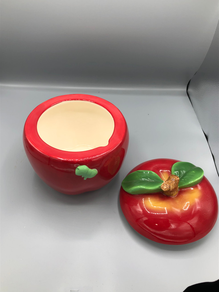 Bright Red Apple with cute worm cookie jar
