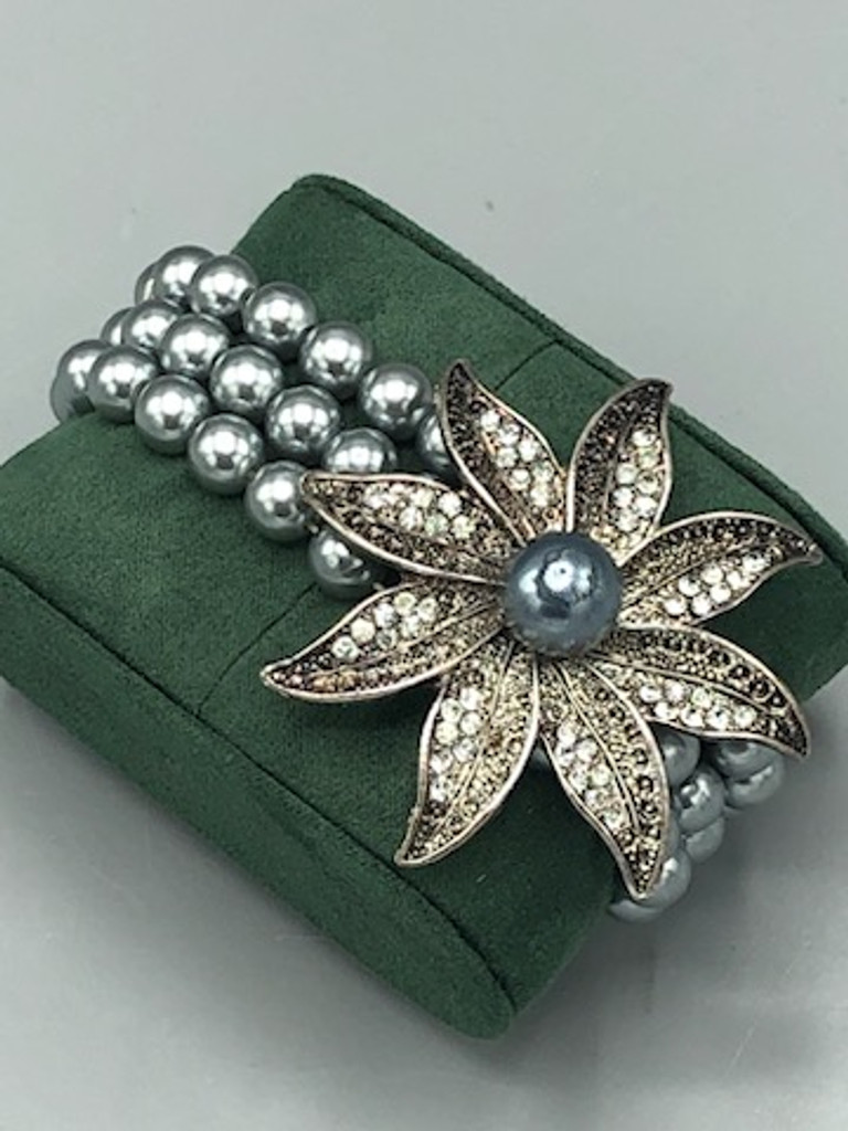 Aralaya faux Pearl & Crystal Flower 3 strand bracelet
