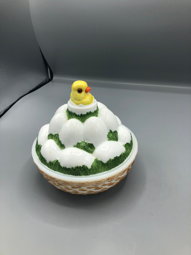 Westmoreland milk glass chick with painted lid