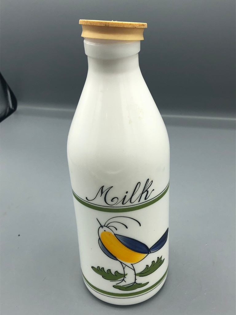 Vintage 60s hand painted milk glass bottle