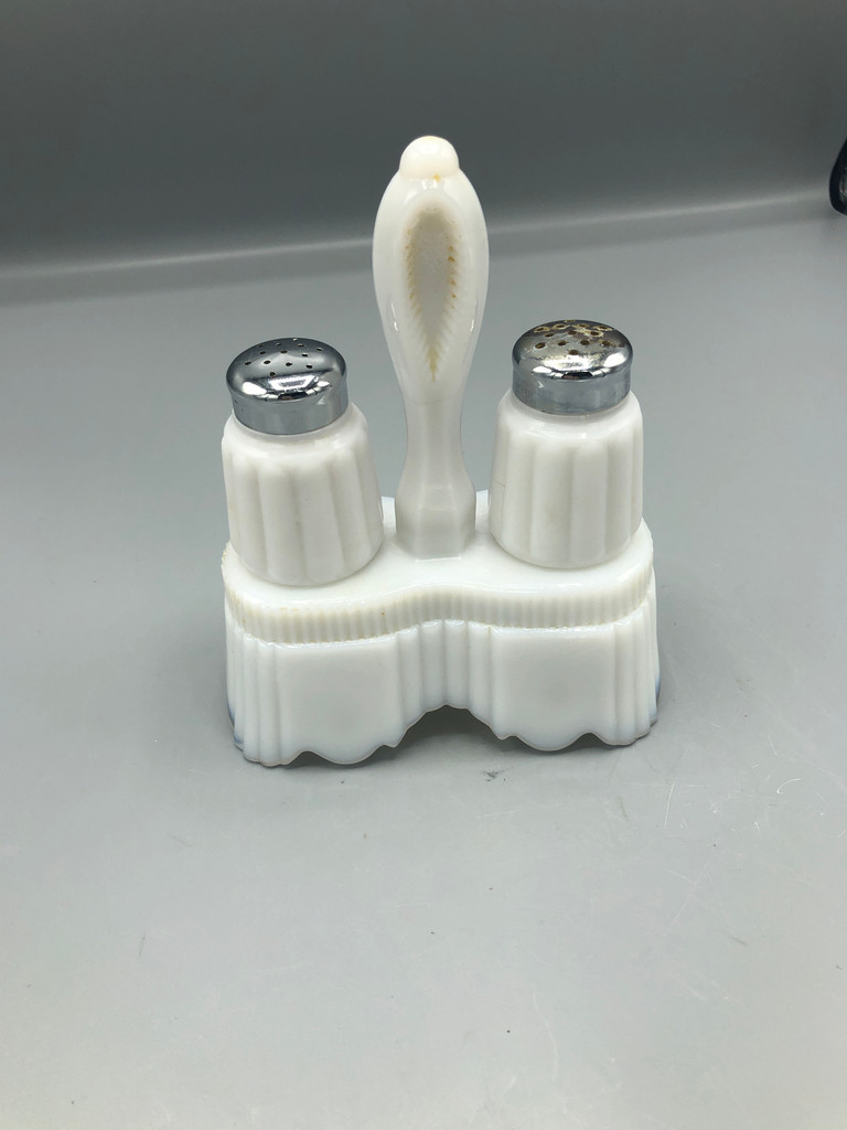 Imperial milk glass S & P with caddy