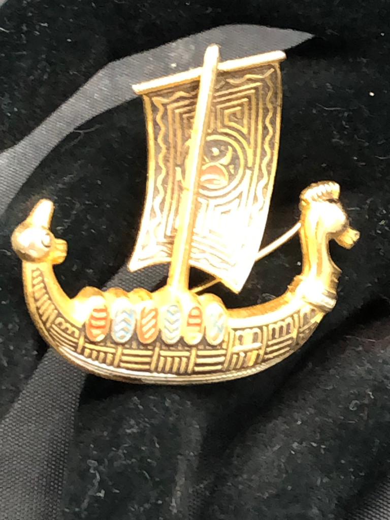 Vintage faux Damascene Viking ship brooch