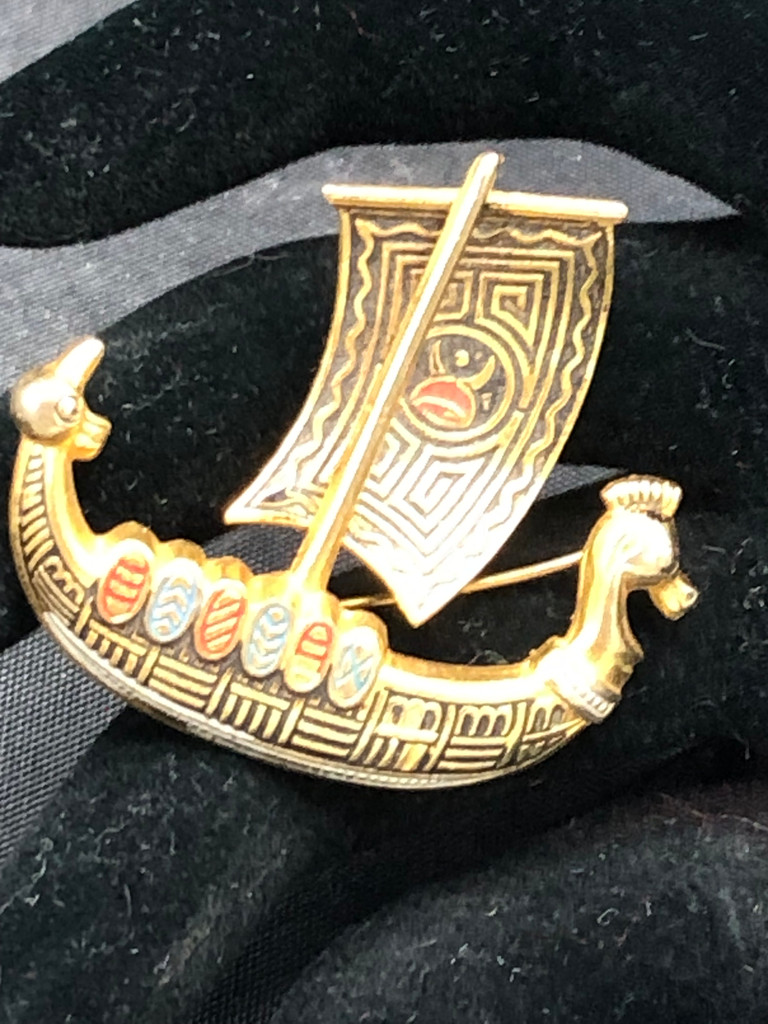 Vintage faux Damascene Viking ship brooch