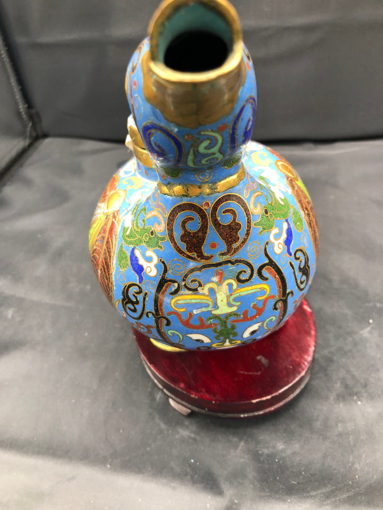 Antique Chinese Cloisonné Blue Duck with Stand