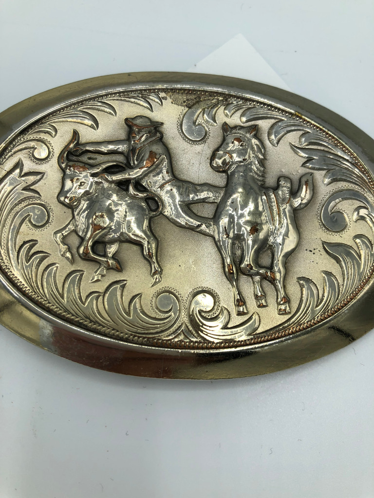 Western Belt Buckle with Bull, Cowboy and Horse