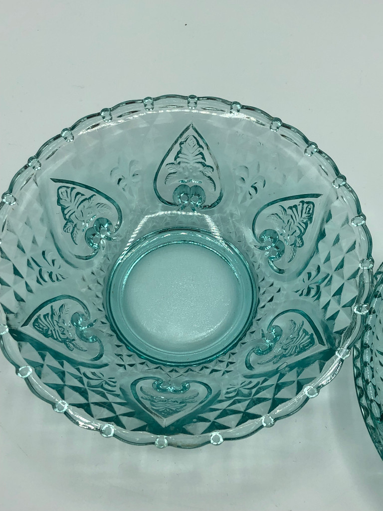 Vintage KIG Malaysia Pressed glass Candy dish Teal