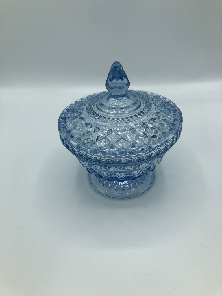 Vintage Indiana glass blue open lace footed candy dish