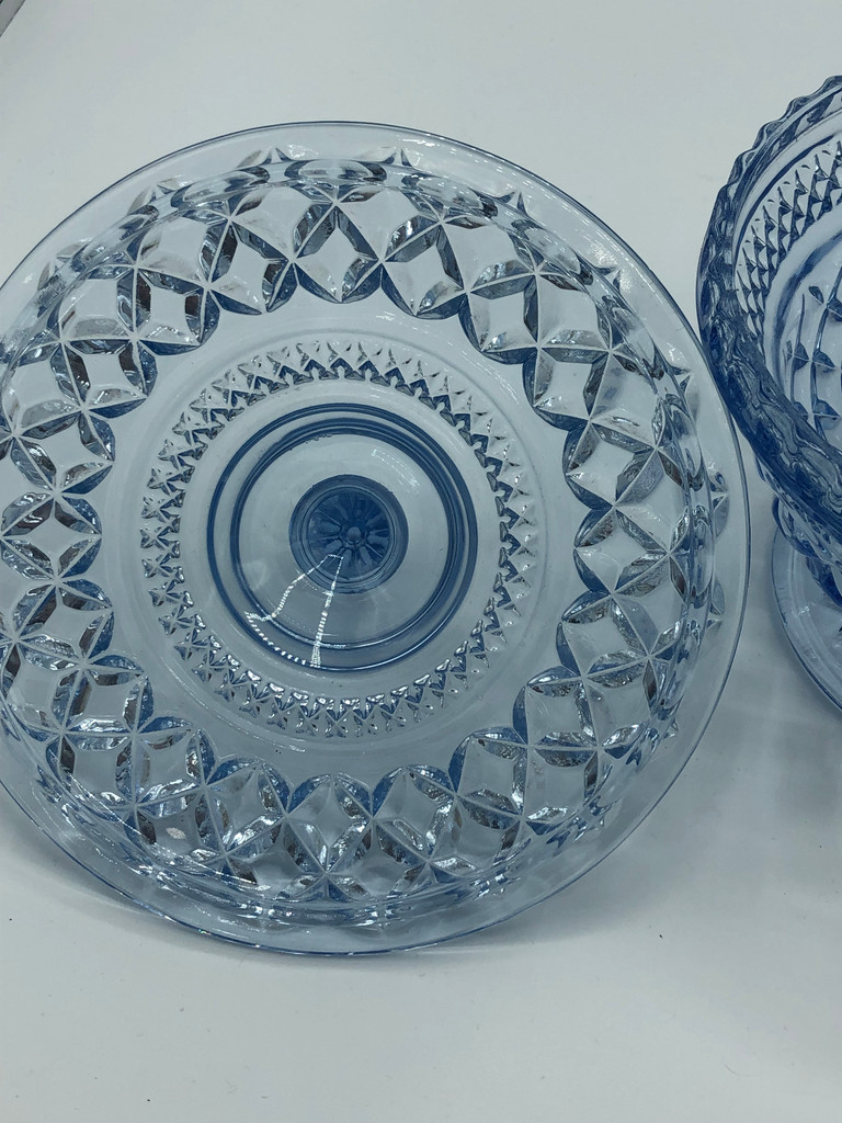 Vintage Indiana glass blue open lace footed candy dish