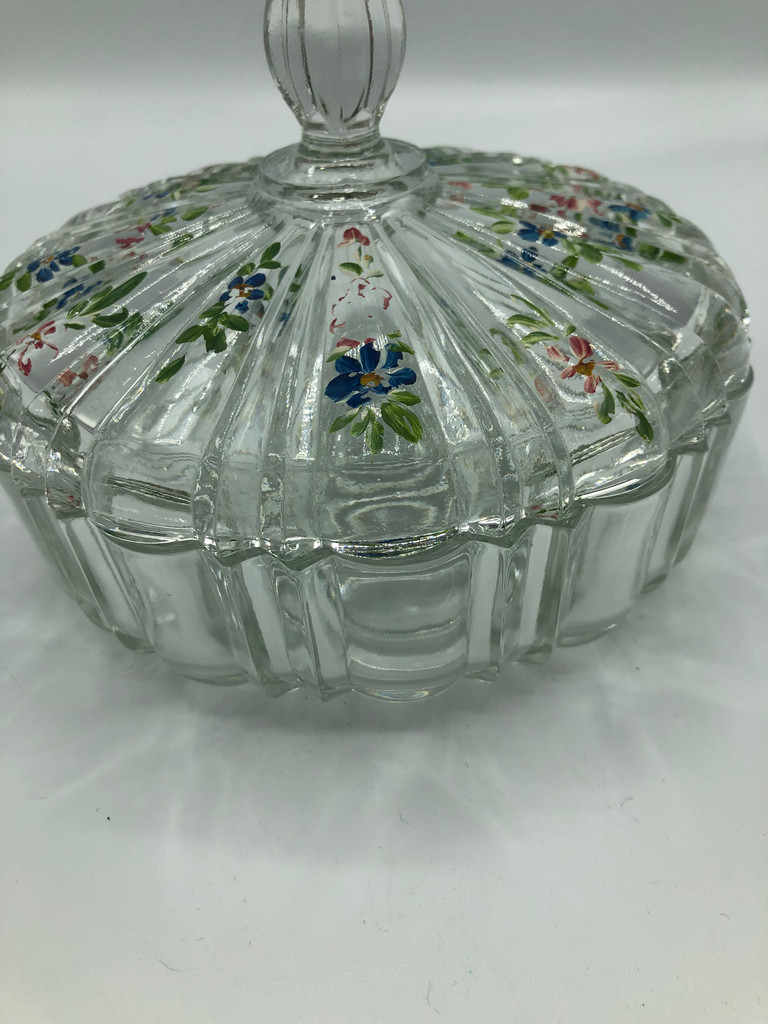 Vintage glass lidded candy dish with painted flowers on lid