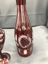 Bohemian Red Cut Glass Decanter w/ stopper & 2 glasses