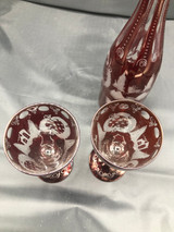 Bohemian Red Cut Glass Decanter w/ stopper & 2 glasses