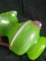 Green Glass Pitcher with Pink Handle and Lions Head Applique