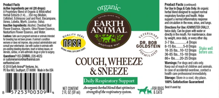 Earth Animal Cough, Wheeze, & Sneeze Organic Herbal Remedy for Dogs & Cats 2 oz Feeders Pet Supply