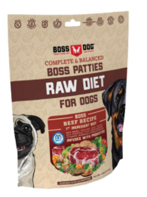 Boss Dog Raw Beef Boss Patties Complete Meal Frozen Dog Food Patties 6 lb