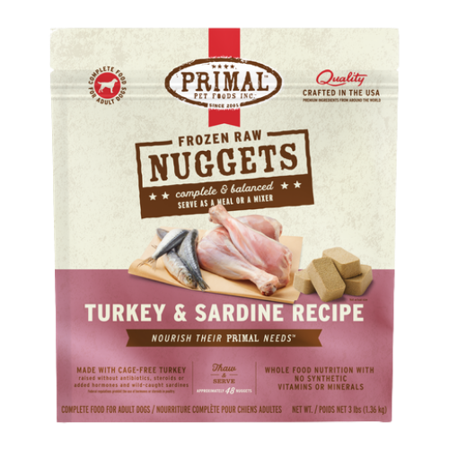 Primal Raw Frozen Nuggets Turkey & Sardine Formula Dog Food 3 lb