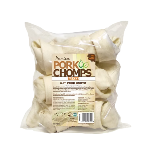 Scott Pet Pork Chomps 6-7 in Natural Pork Skin Knotz Dog Bones 6 ct
