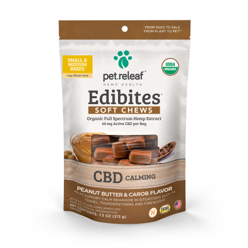 Pet Releaf Edibites Calming Peanut Butter & Carob Soft Chews for Small & Medium Breed Dogs 7.5 oz