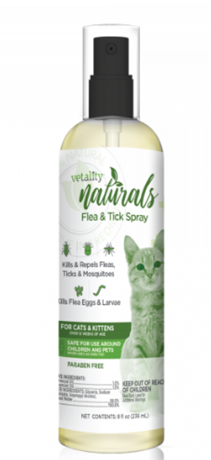 Vetality Naturals Flea & Tick Spray for Cats, Kills & Repels Fleas, Flea Eggs & Larvae, Ticks & Mosquitoes 8 oz