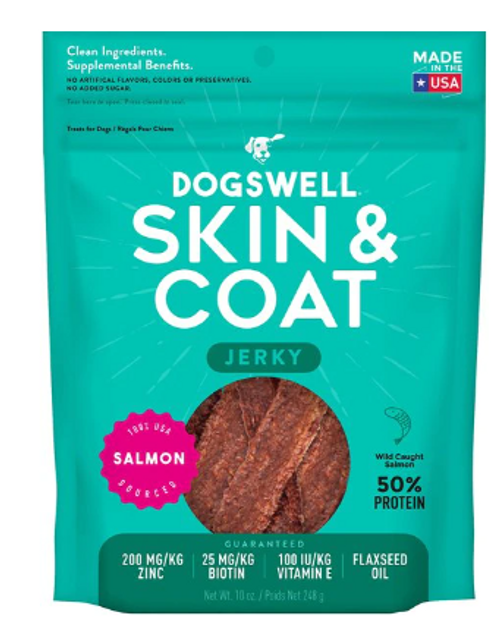 Dogswell Jerky Skin & Coat Salmon Recipe Grain-Free Dog Treats 10 oz