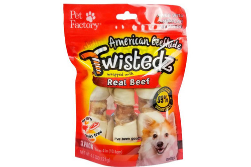 Pet Factory Twistedz American Beefhide Bone with Beef Wrap, 3 pk 4 in