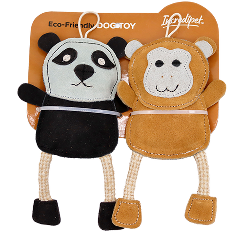 Incredipet Leather & Rope Panda & Monkey Dog Toys, 2 pack 