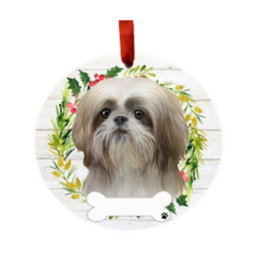 E & S Imports Shih Tzu Tan & White Ceramic Holiday Ornament 