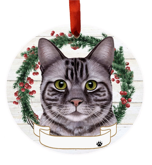 E & S Imports Tabby Cat Silver Ceramic Holiday Ornament 