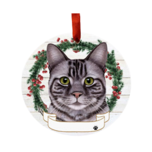 E & S Imports Tabby Cat Silver Ceramic Holiday Ornament 