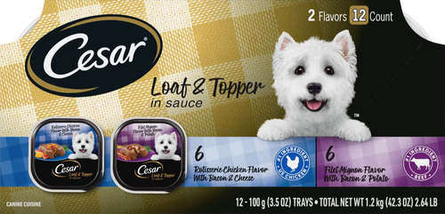 Cesar Loaf in Sauce Rotisserie Chicken & Filet Mignon Flavors Grain-Free Variety Pack Wet Dog Food 12 ct