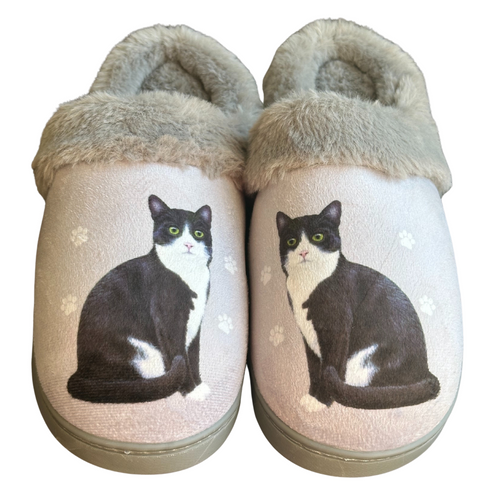 E & S Imports Black & White Cat Snugg Slippers