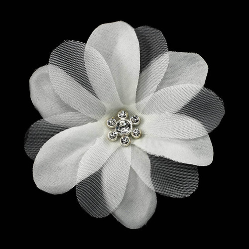 FR192039-White Fabric Flower with Center Rhinestone