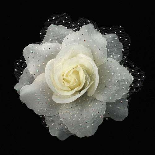 FR107301-fabric flower with white polka dotted tulle