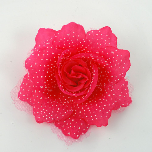 FR107303-fabric flower with white polka dotted tulle in Fuchsia