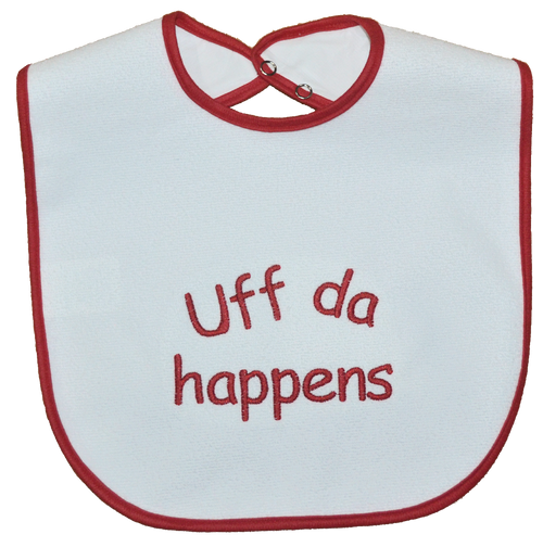 Bib - "Uff da Happens" (red binding)
