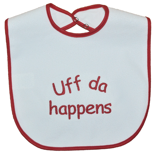 Bib - "Uff da Happens" (red binding)