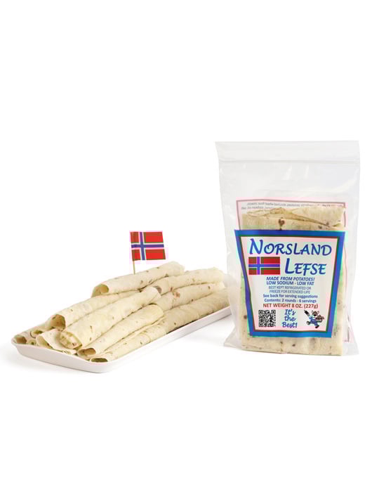 Lefse served on a plate and a bag of six servings of Lefse.