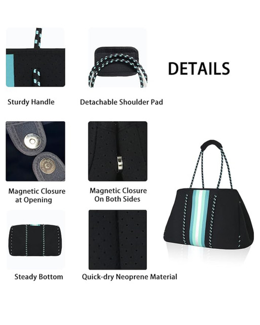Details of Black and Aqua Tote with clutch