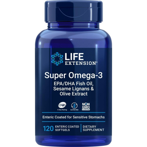  Life Extension Super Omega-3 w/Olive Extract 120 Enteric Coated Softgels 