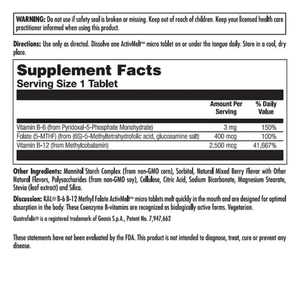 Kal KAL B6 B12 METHYL FOLATE 60 micro tablets 