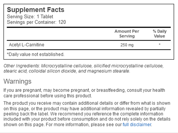  Source Naturals Acetyl L-Carnitine 250mg 60 Tablets 